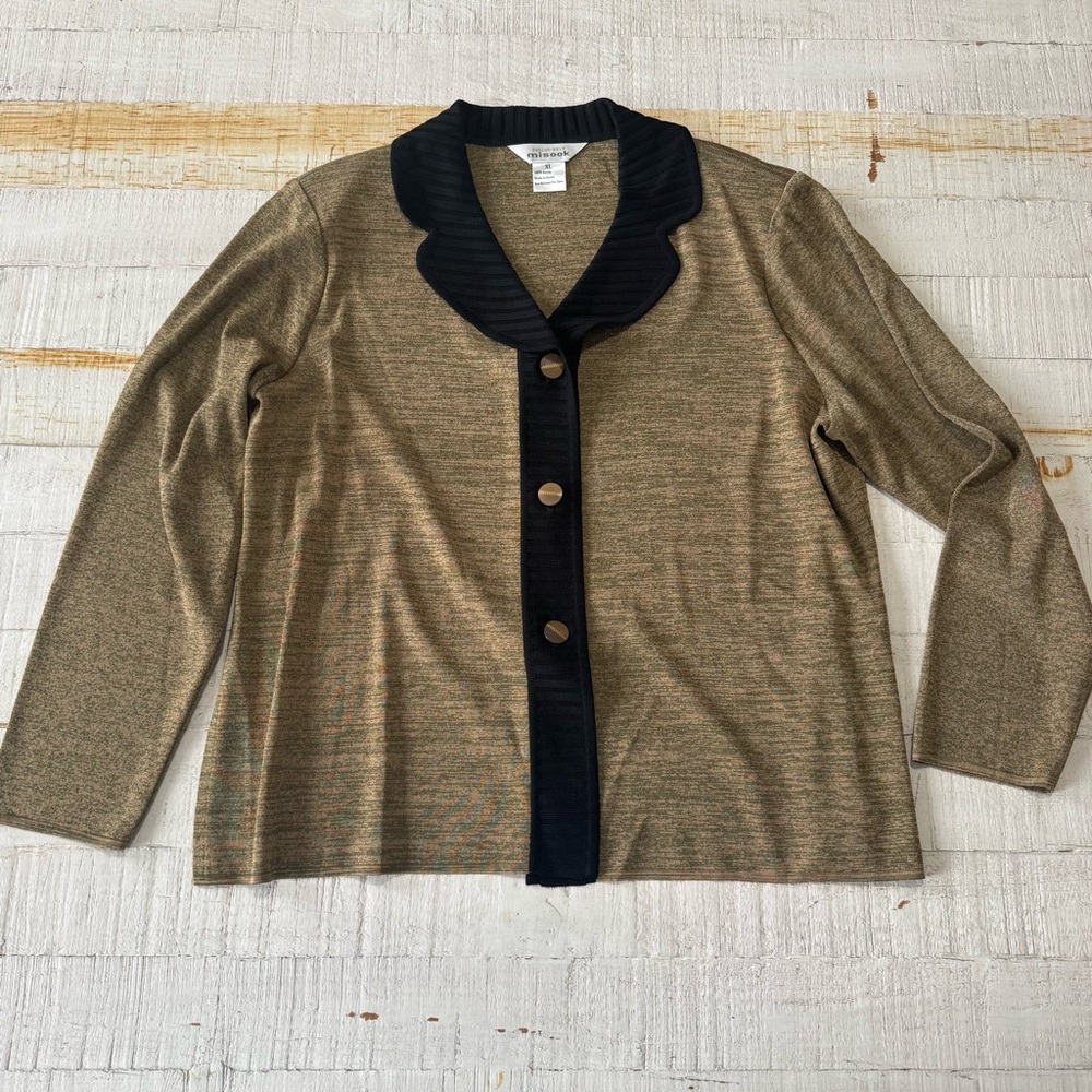 Exclusively Misook Knit Cardigan size XL Brown/Gold‎ Black Trim Button Front